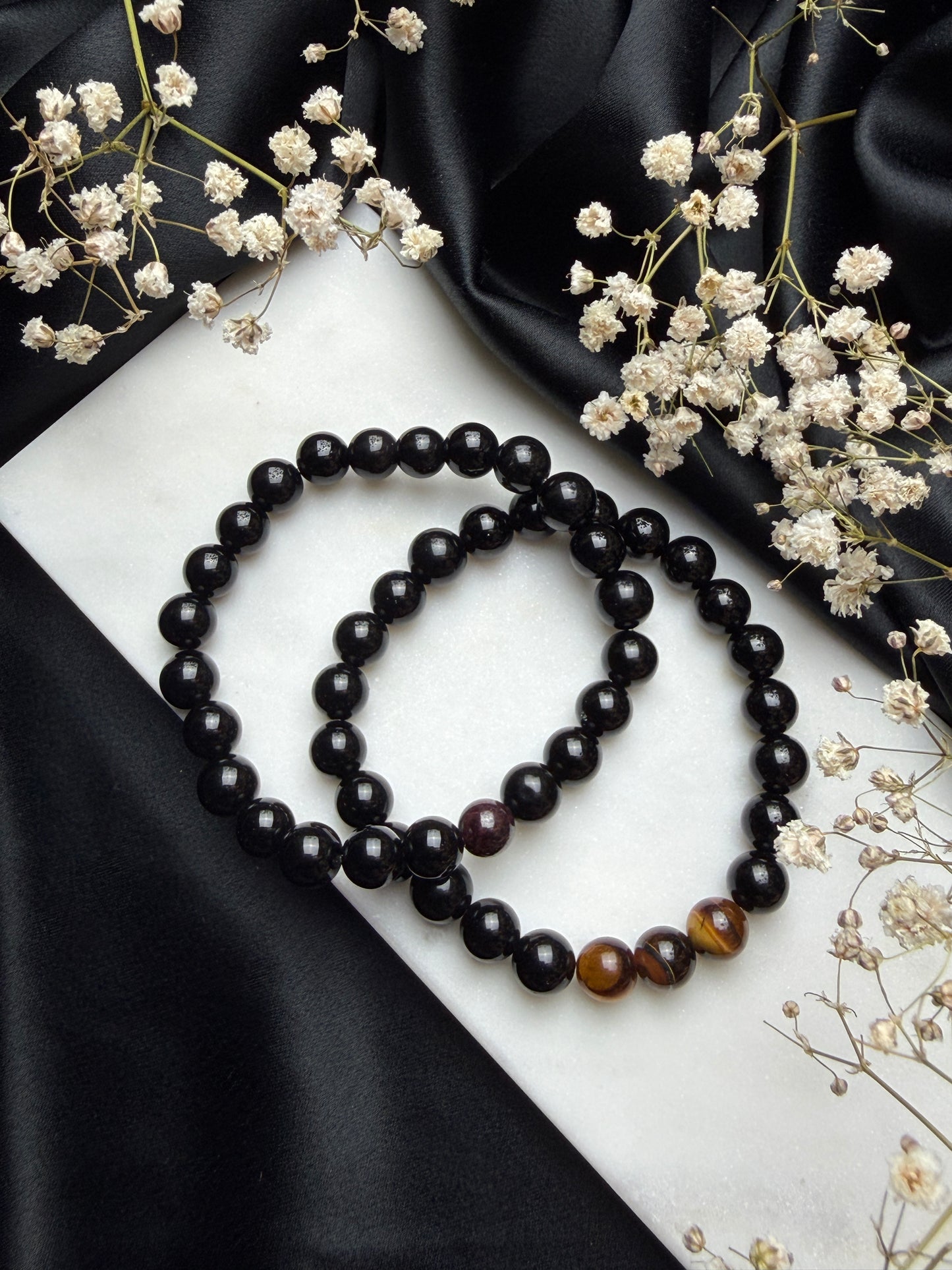 Porų apyrankės: Obsidianas+Granatas, Obsidianas+Tigro akis